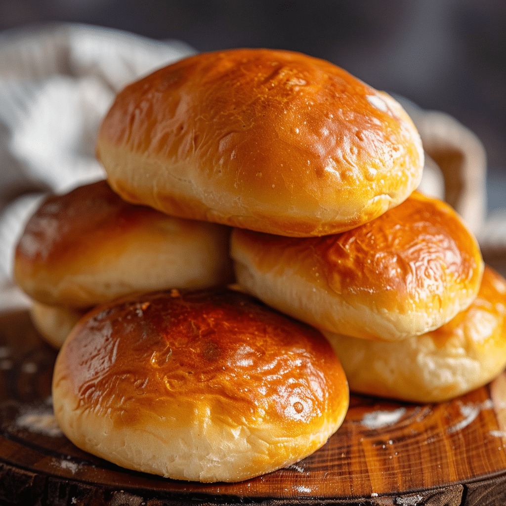 Soft and fluffy homemade bun Bun bread stacked on a rustic wooden board with golden crusts and cozy lighting.