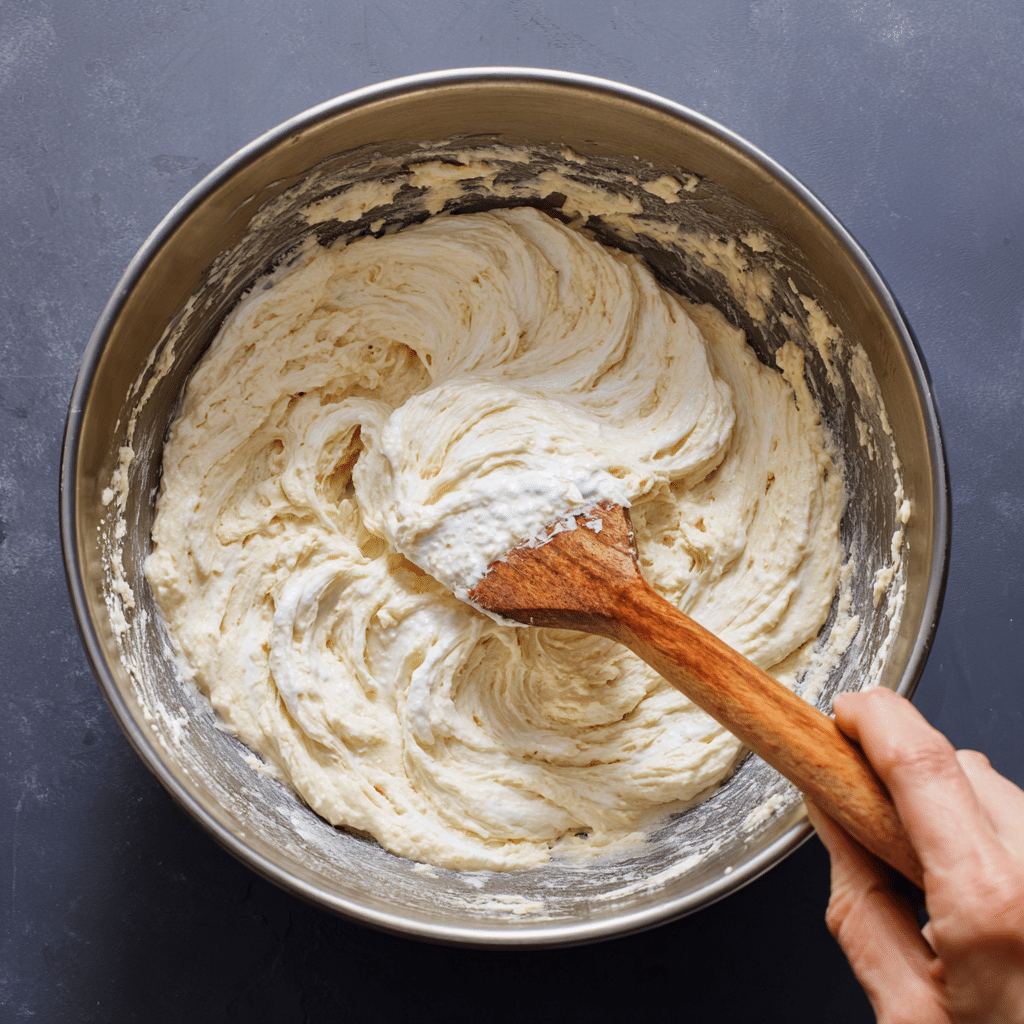 Sour cream banana bread batter being poured into pan