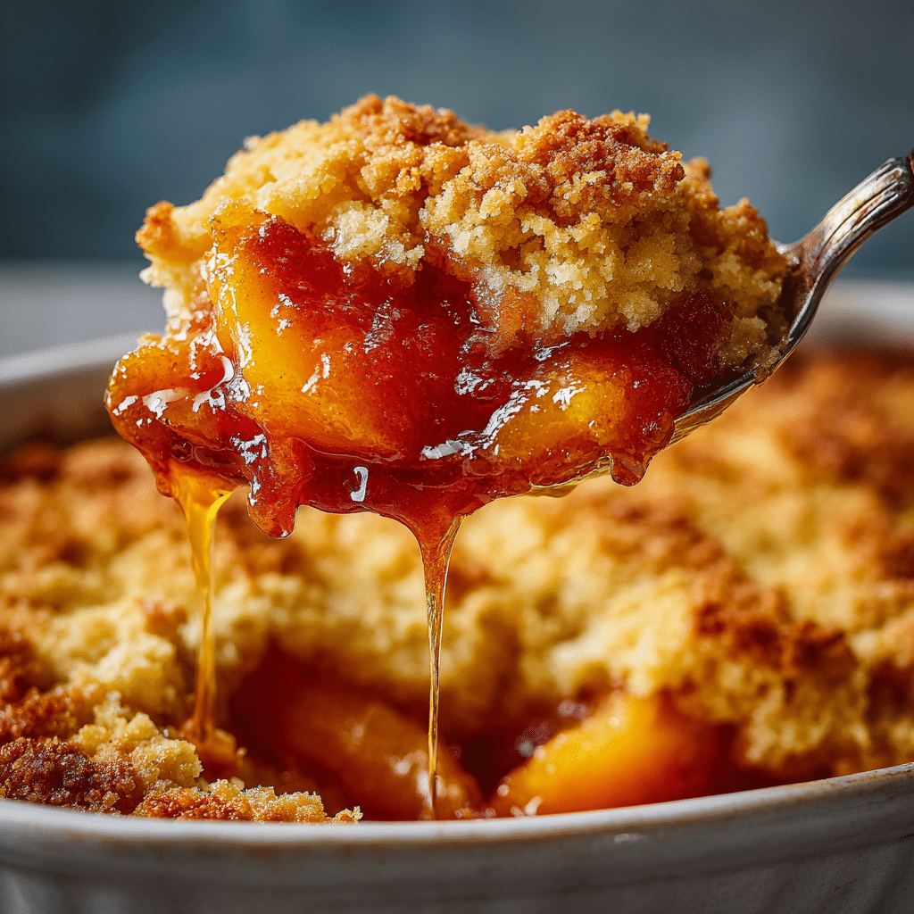 Spoon lifting gooey peach cobbler with golden crisp topping
