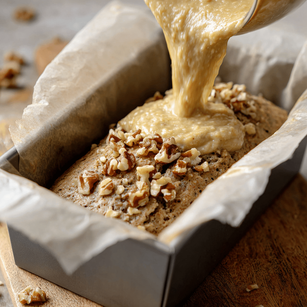 Banana bread batter in loaf pan with walnut topping