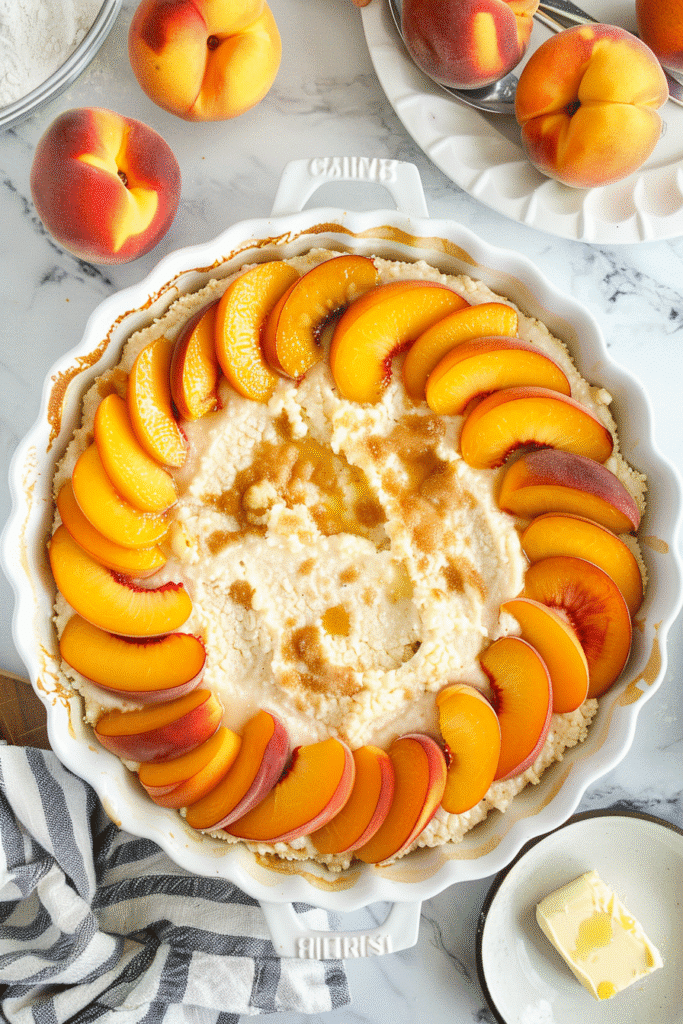 Step-by-step preparation of Easy Southern Peach Cobbler with batter and peaches in pan