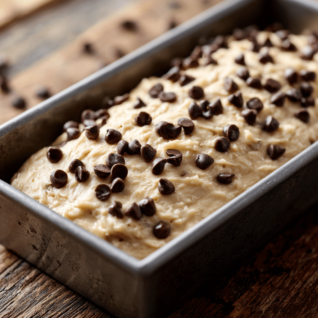 Banana bread batter with chocolate chips in pan