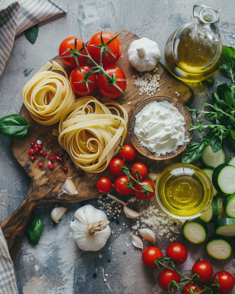 Ingredients for vegetarian pasta including tomatoes, pasta, garlic, and cream cheese