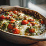 Close-up of a rustic White Bean and Pesto Bake with melted cheese and cherry tomatoes Simple Meals For Dinner Vegetarian