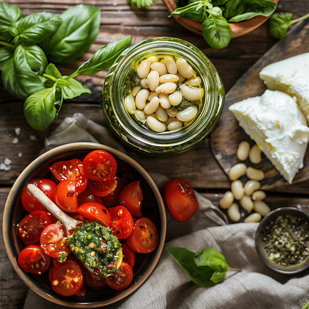 Ingredients for White Bean and Pesto Bake including beans, pesto, tomatoes, and cheese