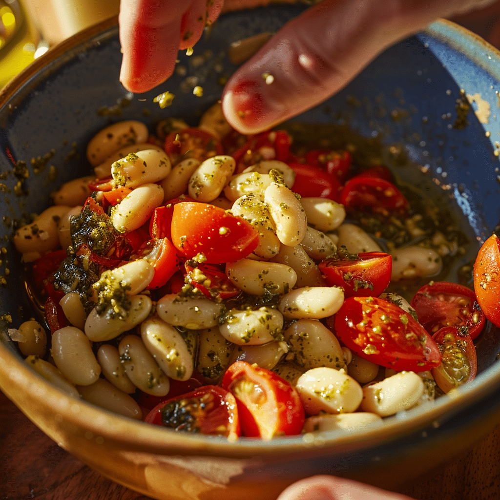 Mixing pesto, beans, and tomatoes in a bowl for White Bean and Pesto Bake