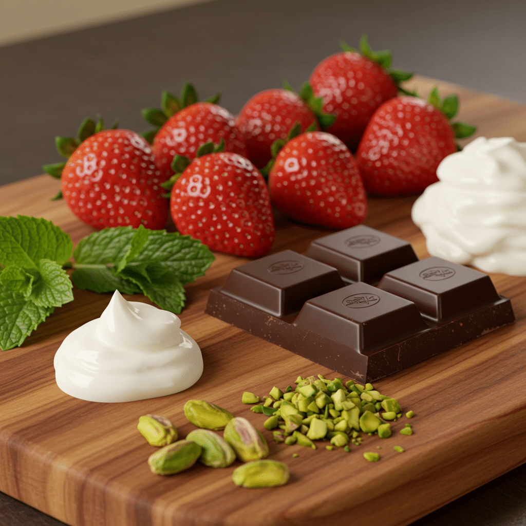 Fresh Ingredients For Dubai Chocolate Strawberries On Rustic Board