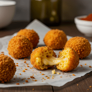 Close-up of crispy Air Fryer Fried Macaroni and Cheese Balls on rustic counter