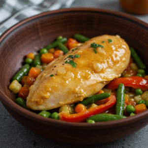 Close-up of creamy, golden mayonnaise chicken breast with crispy edges, served in a rustic dish with herbs and vegetables.