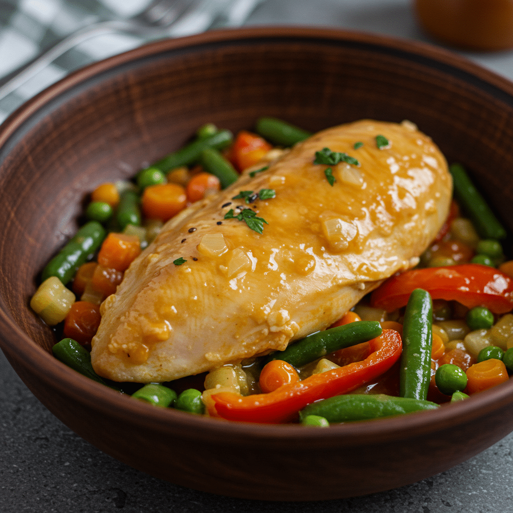 Close-up of creamy, golden mayonnaise chicken breast with crispy edges, served in a rustic dish with herbs and vegetables.
