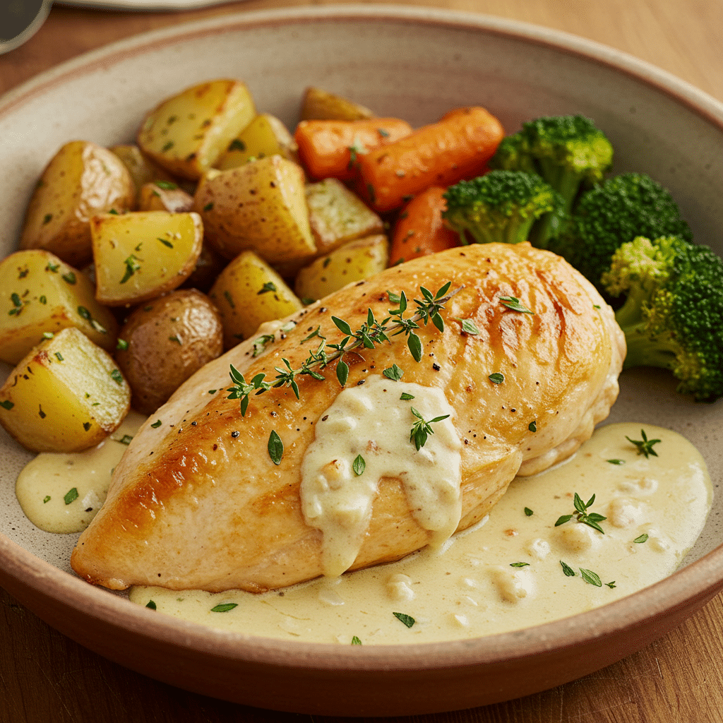 Golden baked chicken breast in creamy sauce, garnished with herbs, served alongside roasted vegetables in a farmhouse-style bowl.