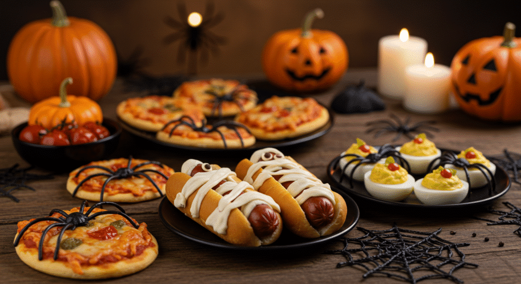 Halloween Party Food: Fun & Spooky Ideas for Your Table When October rolls in, there’s one thing that makes the night feel complete—Halloween party food! From savory bites to creepy-cute snacks, a table filled with spooky treats adds to the magic of the night. Halloween foods don’t need to be complicated—just a little creativity with color, shapes, and presentation turns everyday recipes into Halloween themed food your guests will never forget. Why Make Halloween Party Food Halloween is more than costumes and candy—it’s about atmosphere, fun, and flavor. Creating a spread of Halloween foods brings people together, sets the Halloween party aesthetic, and makes the night feel special. Whether you’re looking for quick appetizers, finger foods for kids, or spooky main dishes, a few festive touches can transform your table. How to Make Spooky Halloween Foods Here are three easy recipes to get you started: 👻 Mummy Hot Dogs Ingredients: crescent roll dough, hot dogs, mustard or ketchup for eyes Directions: Wrap hot dogs in strips of dough, bake until golden, and dot with “eyes.” 🎃 Pumpkin Deviled Eggs Ingredients: hard-boiled eggs, yolks mixed with mayo and paprika, chopped chives Directions: Fill eggs, sprinkle with paprika for an orange hue, and top with a chive “stem.” 🕷️ Spider Pizzas Ingredients: mini pizzas, olives Directions: Slice olives into halves and thin strips to form a spider body and legs on top of each pizza. These simple recipes double as fun halloween party food ideas that kids and adults both enjoy. How to Serve Halloween Party Food Arrange snacks on a Halloween themed food platter with cobweb napkins and black plates. Use pumpkins, cauldrons, or mini jars to serve dips and candy. Stick to colors like orange, black, green, and purple for a true Halloween party aesthetic. Mix sweet and savory so everyone finds something they love. Tips for a Memorable Halloween Spread Prepare some dishes ahead, like dips or decorated cookies. Use cookie cutters to shape sandwiches, cheese slices, or fruit. Don’t be afraid of a little “messy fun”—drips of sauce can look like “blood” for extra spookiness. Storage & Reheating Store leftovers in airtight containers in the fridge for up to 2 days. Reheat baked items like mummy hot dogs in the oven to keep them crispy. Cold items like deviled eggs are best eaten the same day. FAQs Q: What are the easiest Halloween foods for beginners? A: Mummy hot dogs, pumpkin deviled eggs, and spider pizzas are easy, quick, and fun to make. Q: How do I set a Halloween party aesthetic with food? A: Focus on spooky colors, themed platters, and playful decorations like cobweb napkins or pumpkin bowls. Q: Can Halloween foods be healthy? A: Absolutely! Try fruit skewers shaped like ghosts, veggie platters with spooky dips, or baked pumpkin chips. ✨ Closing Note Halloween party food doesn’t have to be tricky—just playful, creative, and a little spooky. With these Halloween food ideas, you can put together a spread that makes everyone smile (and maybe giggle at the creepy-cute details). 💬 What’s your go-to halloween party food—sweet treats or savory bites? 🎀 Final Thoughts (Emma’s Voice) “I’ve always loved how a simple table can become magical on Halloween night. With glowing pumpkins, a cozy spread of snacks, and friends gathered around, the food becomes part of the fun. I hope these Halloween party food ideas inspire your table this year!” 📌 Follow me on Pinterest for more cozy, quick, and nostalgic recipes. 👉 If you loved this, don’t miss my Pumpkin Bread Recipe for another fall favorite.