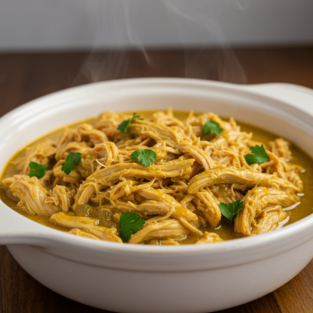 Crockpot chicken in rich golden sauce served in rustic bowl