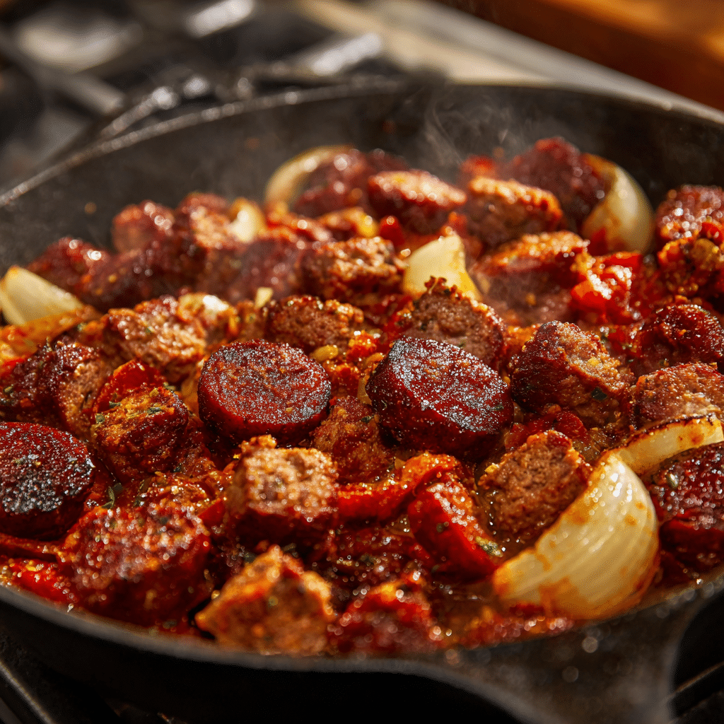 Beef and chorizo cooking in skillet for street tacos