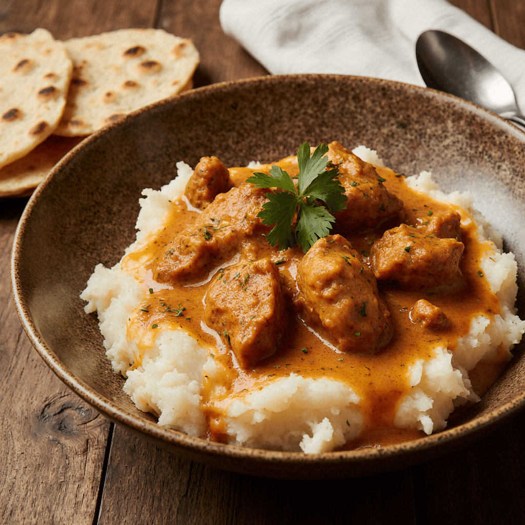 Butter Chicken served over mashed potatoes with naan