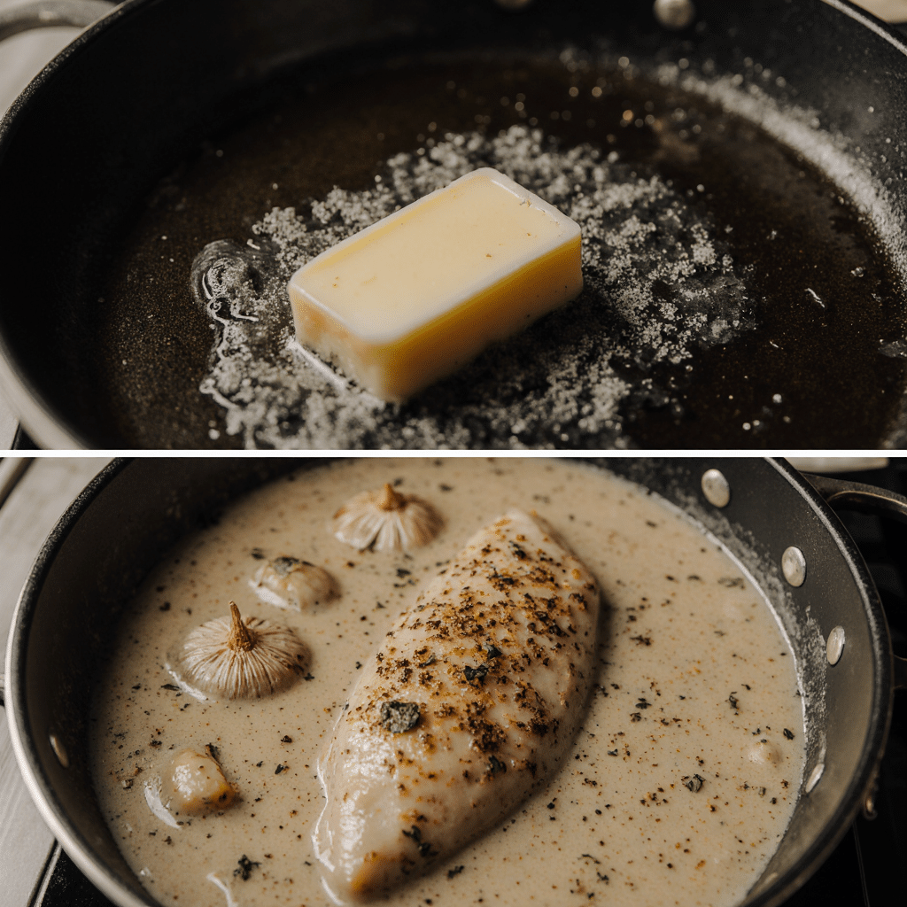 Cooking steps of butter chicken skillet in progress