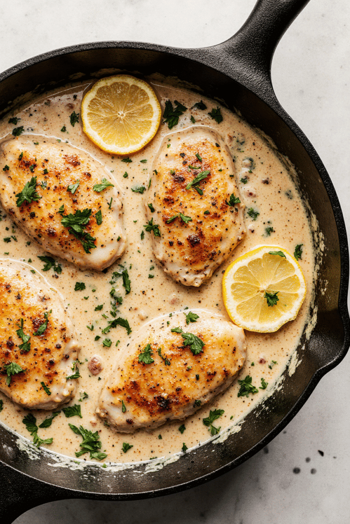 Chicken cooking in creamy lemon sauce