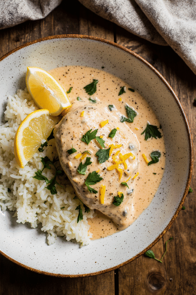 Creamy chicken with lemon sauce and rice