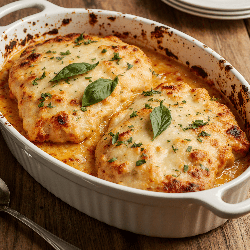 Baked creamy chicken parmesan casserole in rustic dish