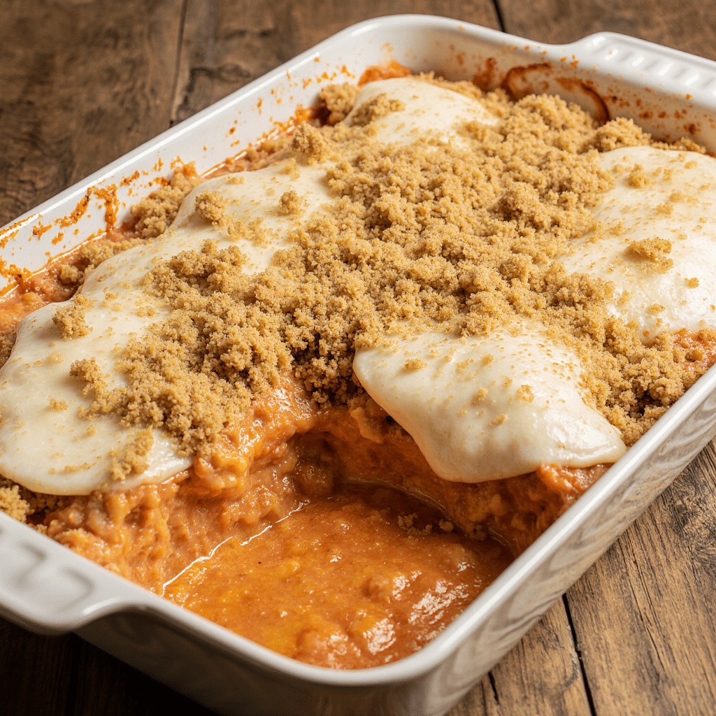 Assembling chicken parmesan Comfort Casseroles in baking dish