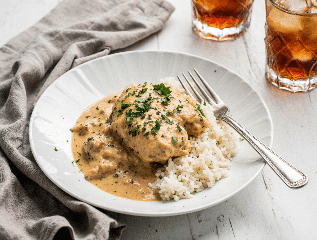 Plated creamy chicken and rice