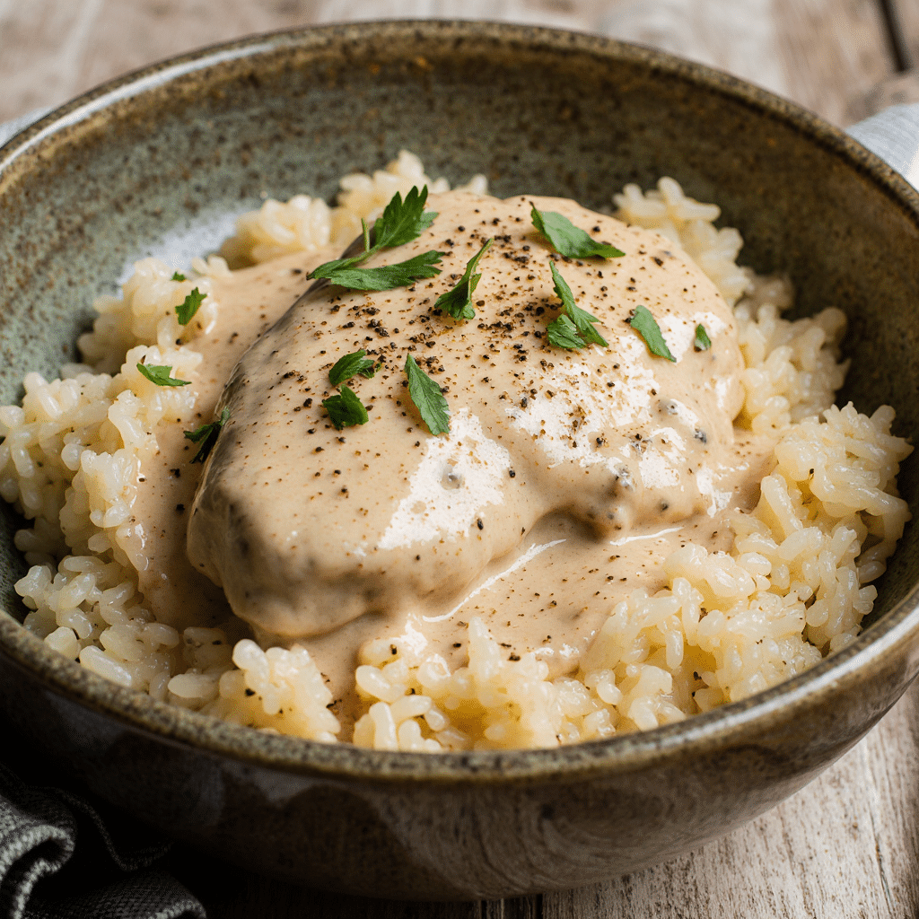 Creamy Ranch Chicken over rice in rustic bowl