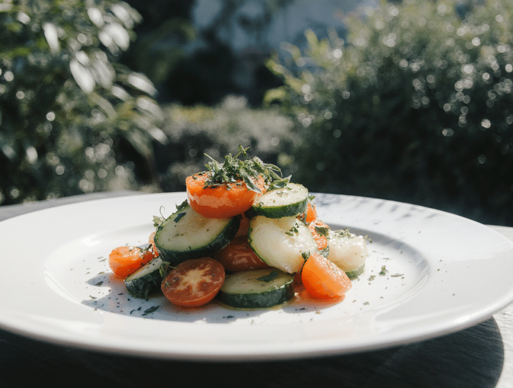 Served cucumber tomato salad on a plate