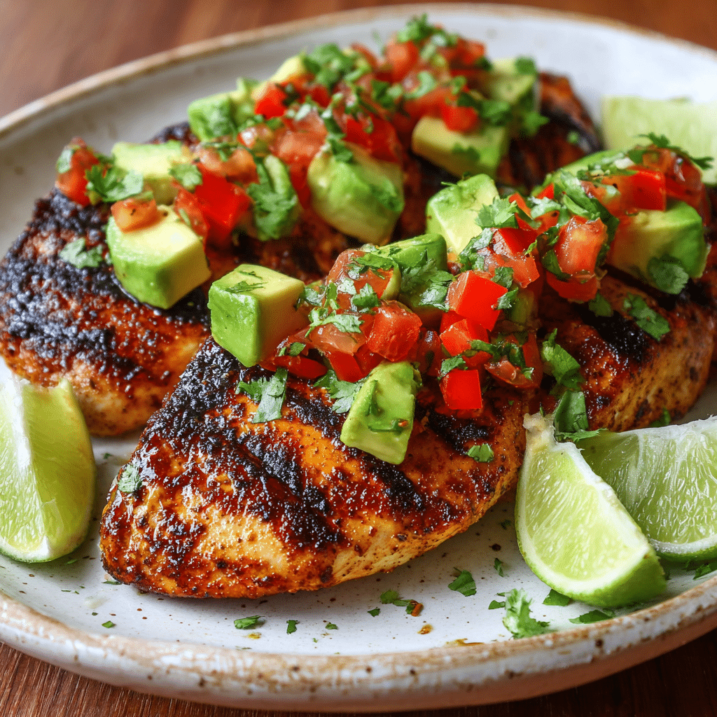 Fiesta Lime Chicken with Avocado on rustic white plate