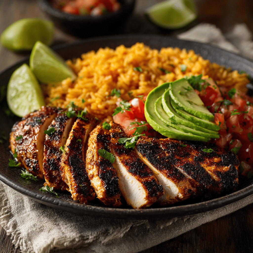 Plated fiesta lime chicken with avocado and rice Mexican Food Recipe