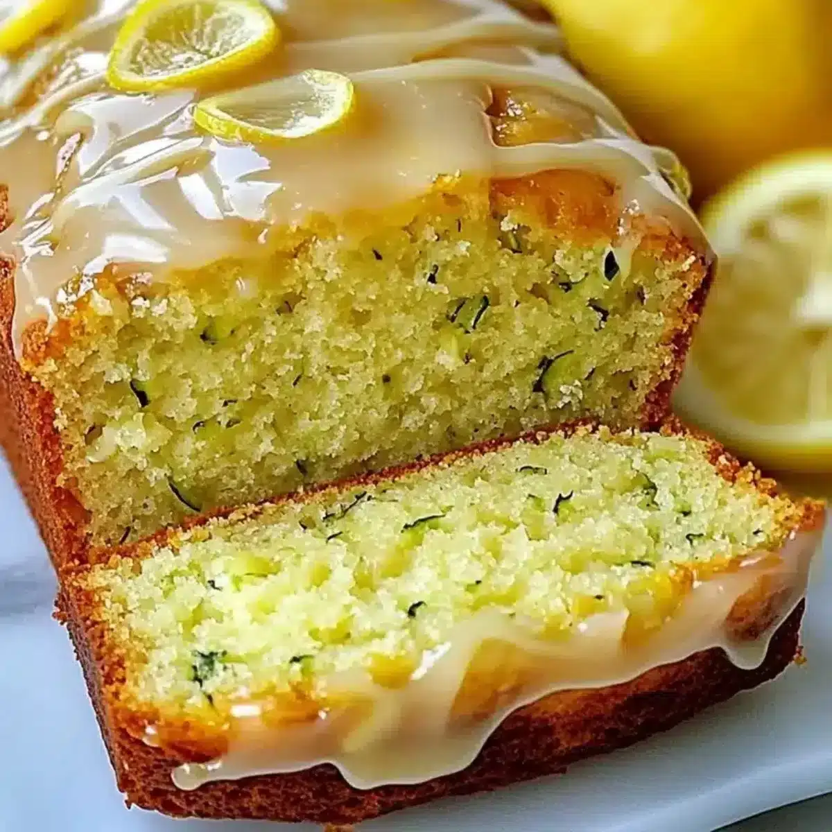 Slice of freshly baked lemon zucchini bread on a wooden cutting board