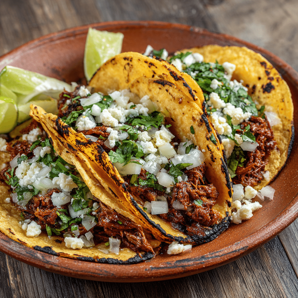 Beef and chorizo Mexican street tacos with lime and cheese