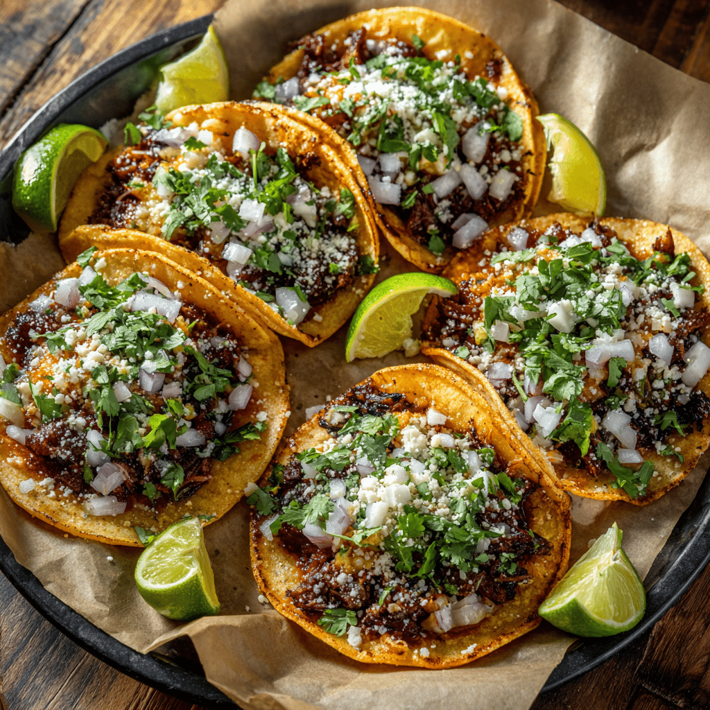 Serving plate of Mexican street tacos with toppings and lime
