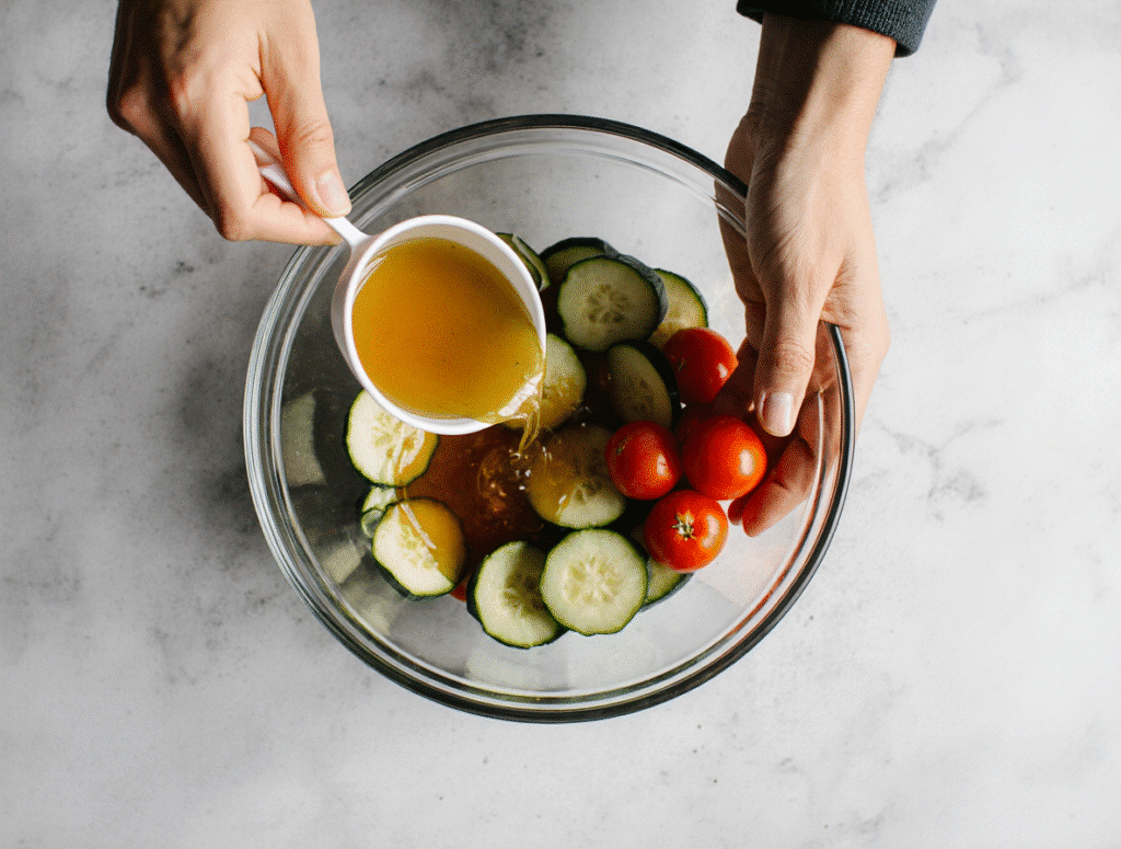 Mixing cucumber and tomato salad