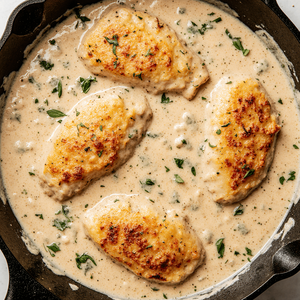 Chicken tenders cooking in creamy ranch sauce