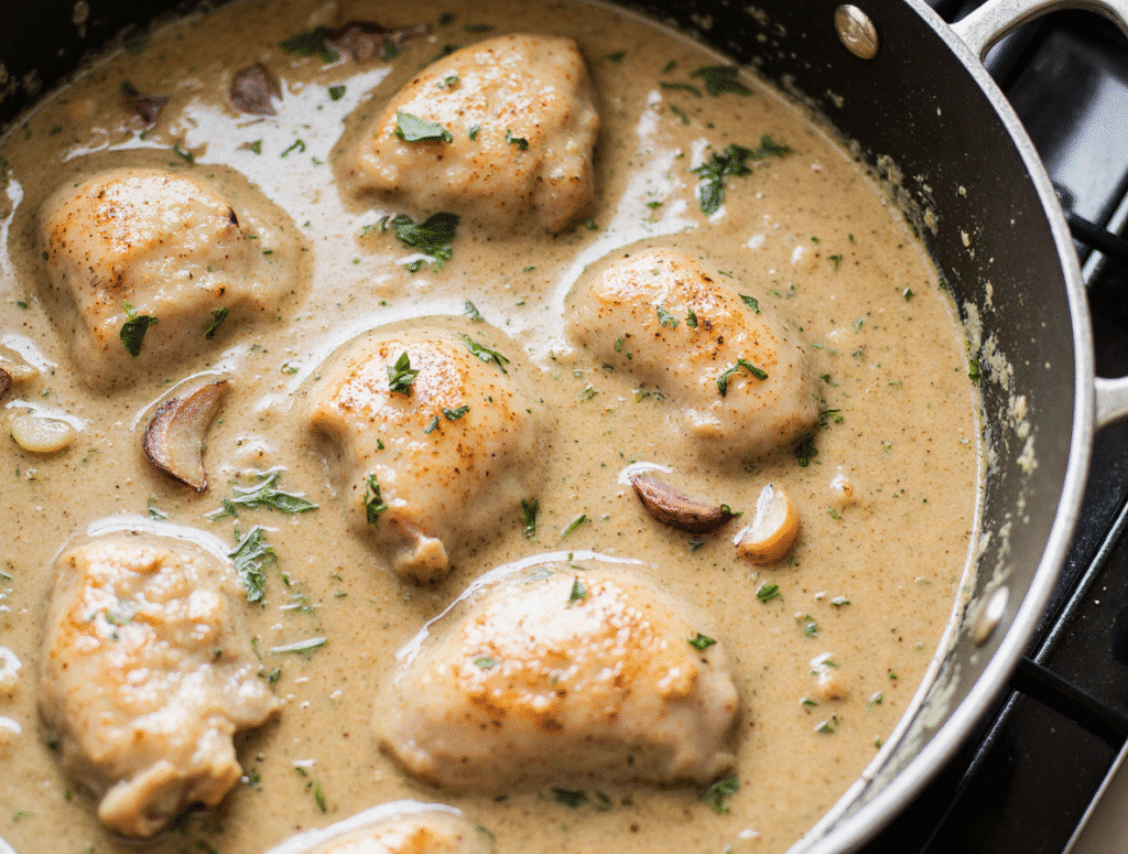 Chicken cooking in creamy gravy