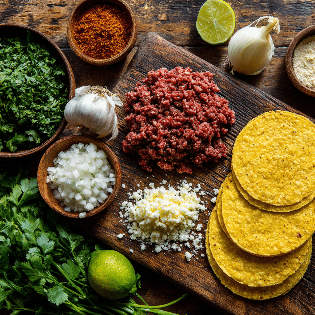 Ingredients for beef and chorizo Mexican street tacos