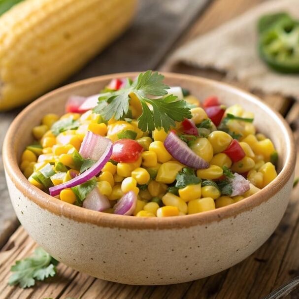 Close Up Featured Shot Of Corn Salsa In Rustic Cer