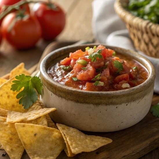 Close Up Featured Shot Of Homemade Salsa In A Rust