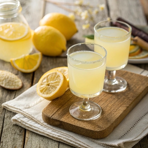 Close Up Featured Shot Of Limoncello In Frosted Gl