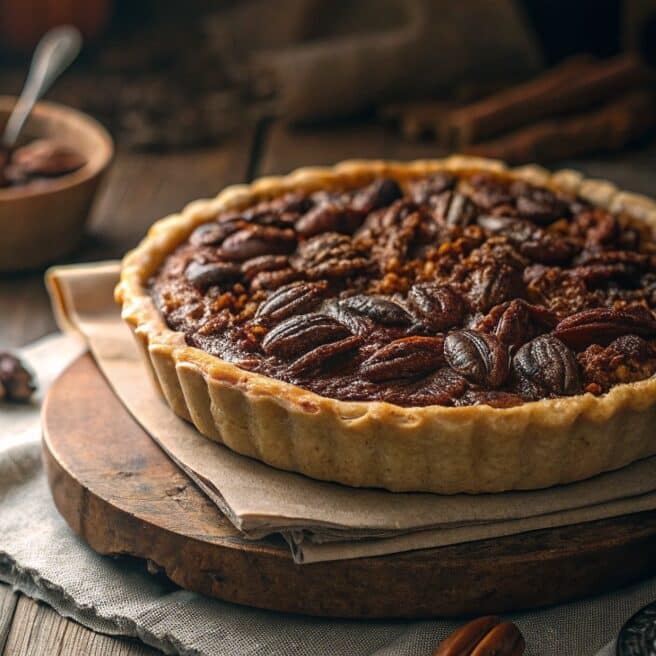 Close Up Featured Shot Of Pecan Pie Recipe On Rust