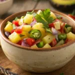 Close Up Featured Shot Of Pineapple Salsa In A Rus