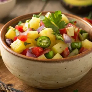Close Up Featured Shot Of Pineapple Salsa In A Rus