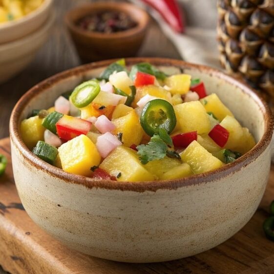 Close Up Featured Shot Of Pineapple Salsa In Rusti
