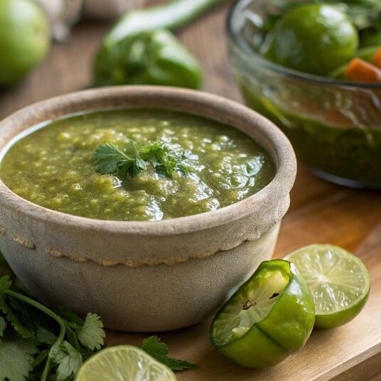 Close Up Featured Shot Of Salsa Verde In A Rustic