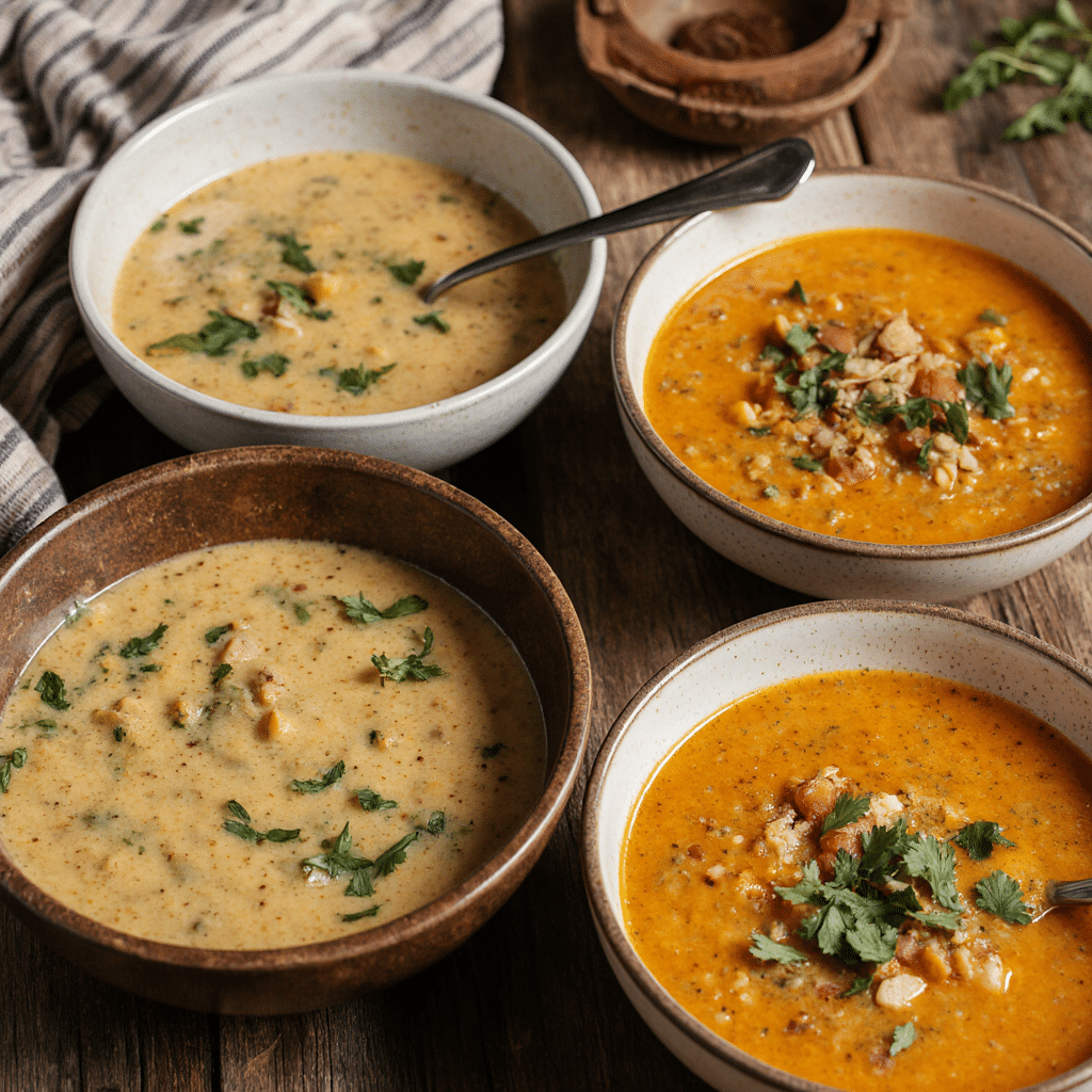 Close Up Of 4 Clean High Protein Soups Without Powder In Rustic Bowls Vibrant Colors Cozy Natural D 1o7zmgy6mn836z790i6k 1