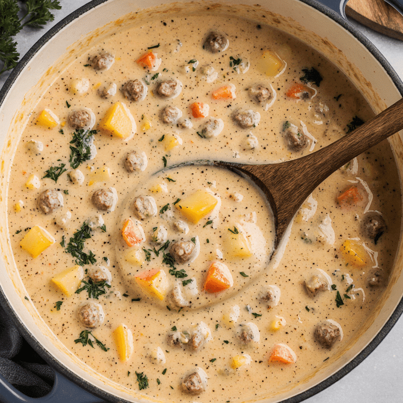 A close-up of cheeseburger soup in a ceramic bowl with creamy broth, ground beef, potatoes, and colorful vegetables, in warm lighting
