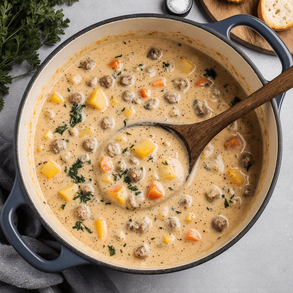 Comforting Cheeseburger Soup for Chilly Nights A close-up of cheeseburger soup in a ceramic bowl with creamy broth, ground beef, potatoes, and colorful vegetables, in warm lighting