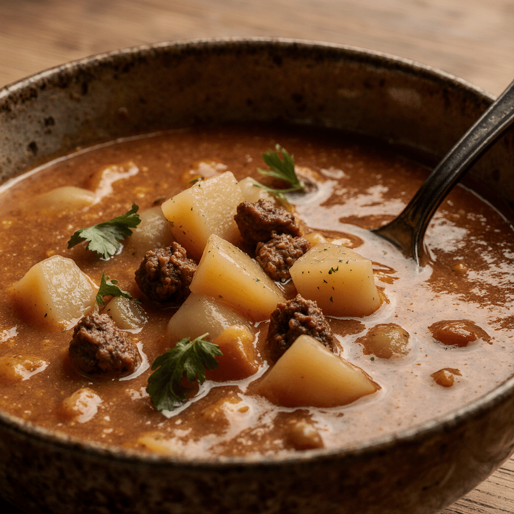Close Up Of A Freshly Made Easy Cheesy Hamburger Potato Soup Served In A Rustic Ceramic Bowl Vibran 2zdbhrhe1uxpmkc23bfc 3