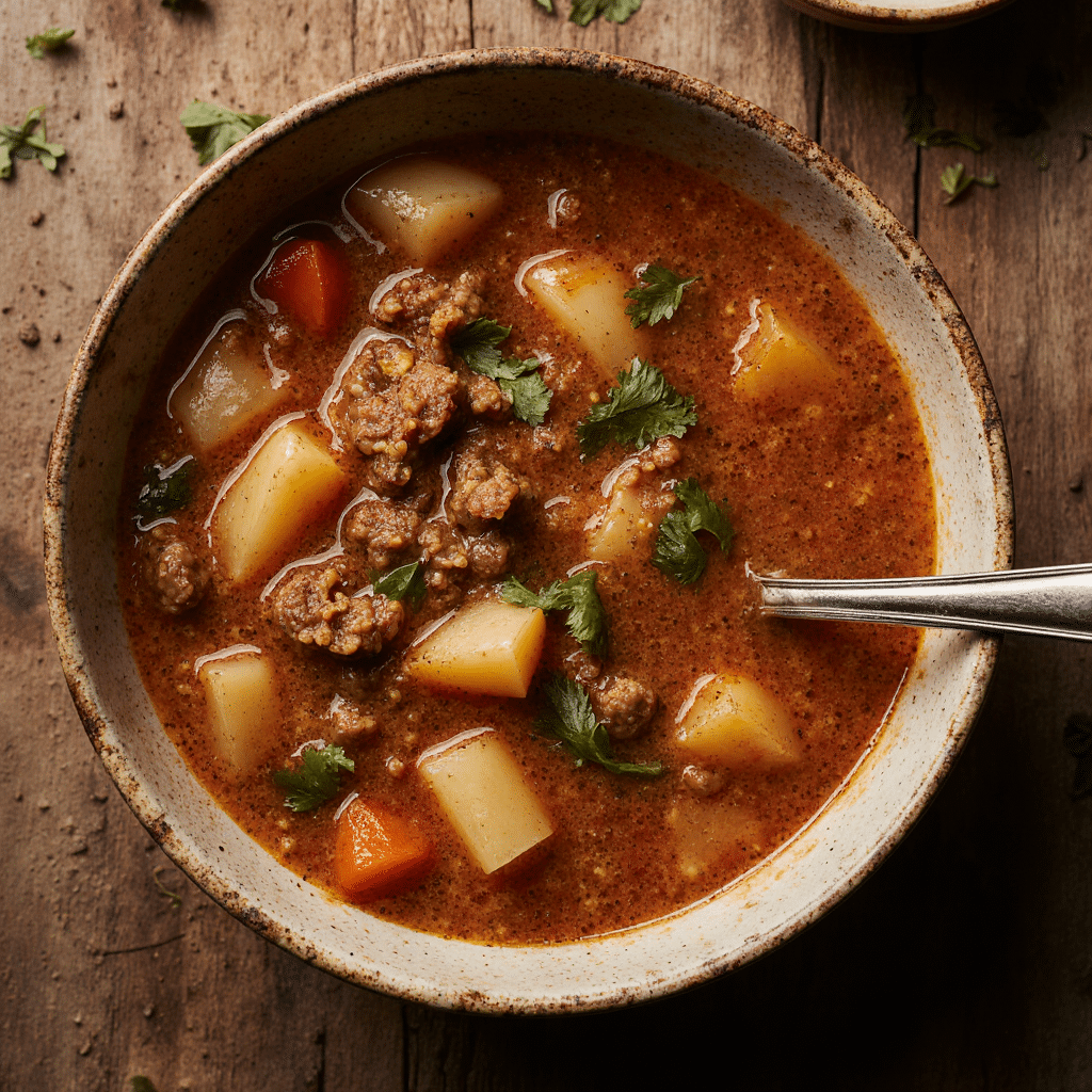 Close Up Of A Freshly Made Easy Cheesy Hamburger Potato Soup Served In A Rustic Ceramic Bowl Vibran 58fo3p53qg8blpfpef1a 2