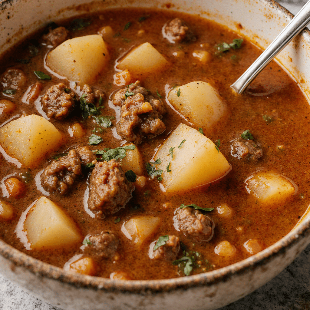 Close-up of cheesy hamburger potato soup in a ceramic bowl, topped with melted cheese, hearty beef and potatoes, photographed in warm natural light on a rustic kitchen table.